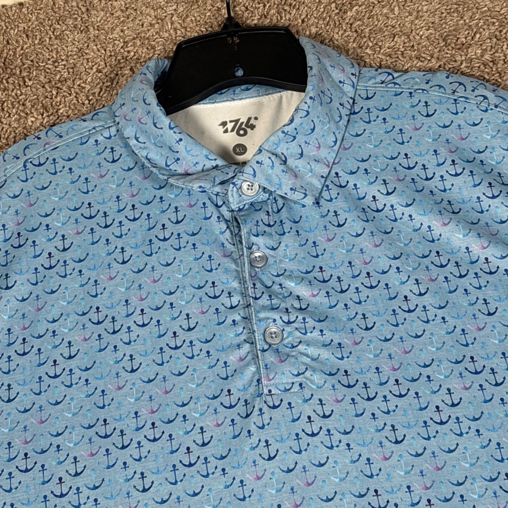 1764 Mens XL Performance Polo Shirt Blue Anchor Print Short Sleeve Golf Top